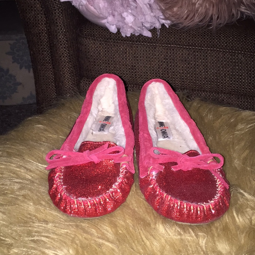 Minnetonka red sequined moccasins